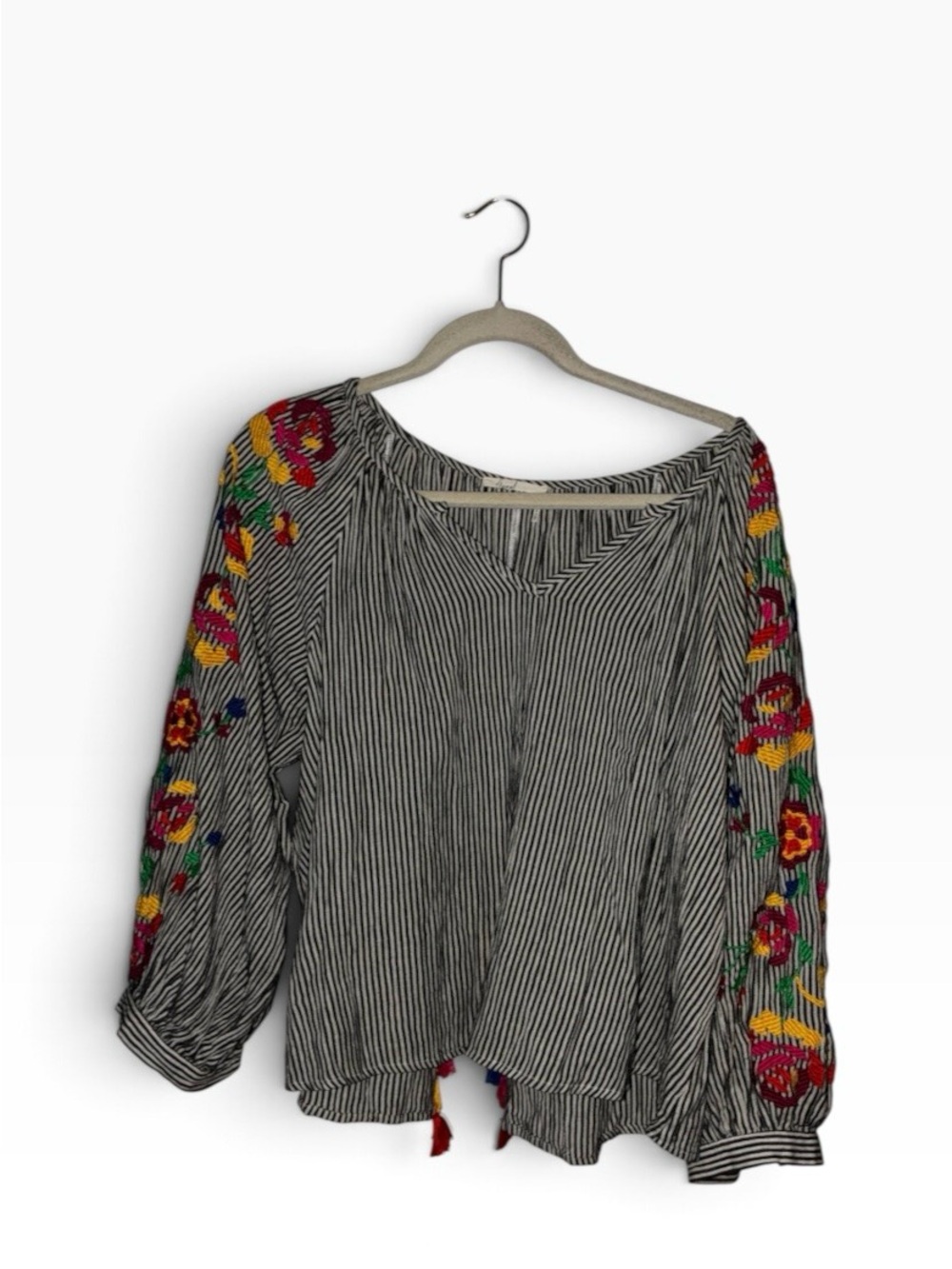 Anthropologie Floreat Soleil Embroidered Striped Blouse Floral Boho Top Sz M
